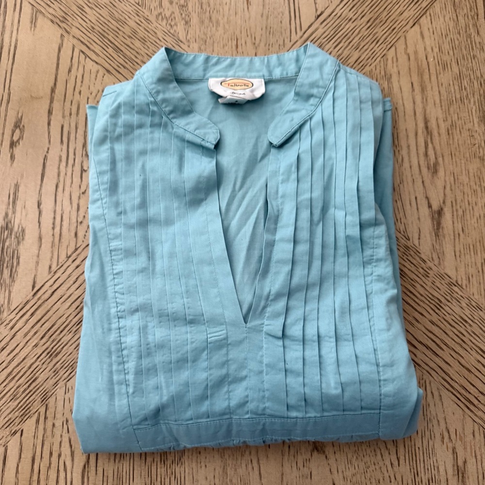 Talbots Womens Small‎ Blue 3/4 Sleeve Stretch Pintuck Mandarin Collar Tunic Top